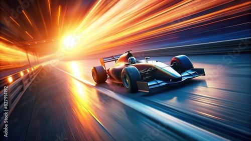 F1 race car speeding on track at day light with motion blur