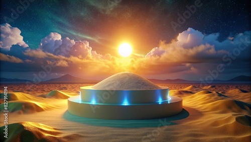Summer-themed podium display with a pile of sand on a cloud background, illuminated by the glowing sun on a sandy beach