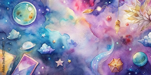 Astrology themed background with a natal chart, tarot cards, and magic crystals