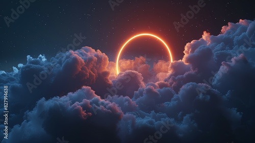 Abstract neon glowing circle An Abstract Cloud, Radiating Neon Light, Offers a Tranquil Escape in the Embrace of a Dark Night Sky