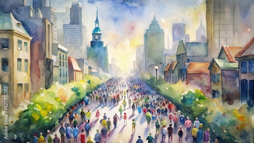 Watercolor painting of the Boston Marathon route with crowds of spectators lining the streets