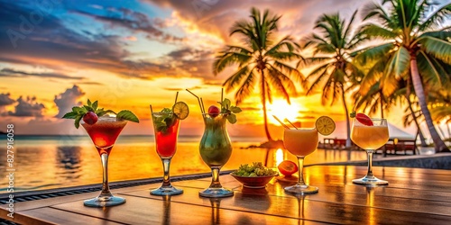 Luxurious tropical beach resort setting with a variety of refreshing summer cocktails at sunset