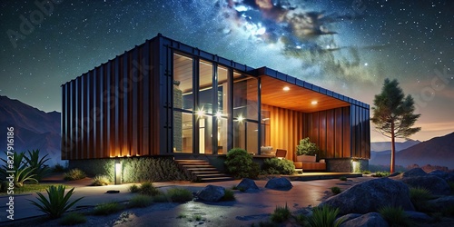 Modern eco-friendly dwelling made from reused shipping containers with contemporary aesthetics