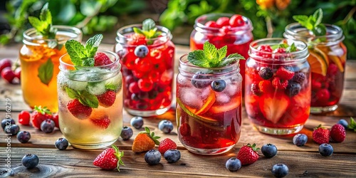 Colorful berry infused drinks on a table