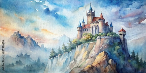 Majestic castle perched on a rocky outcrop against a scenic backdrop, generated with watercolor effects