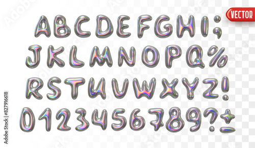 Holographic font set in metallic colors realistic 3d design, featuring uppercase letters, numbers, and special characters. Liquid metal chrome shaped alphabet. Vector illustration