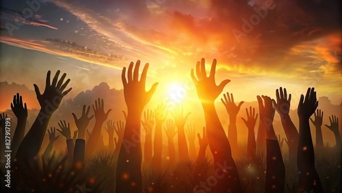 Silhouette of hands rising over abstract autumn sunset background, glowing, International Human Rights Day concept