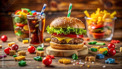A close-up of a delicious burger surrounded by scattered toys and a spilled drink