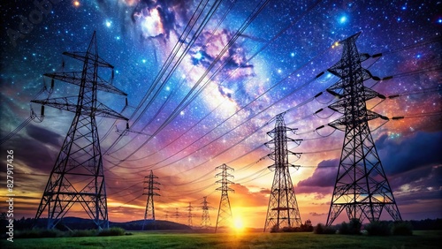 Night sky background with power transmission lines carrying electricity from environmentally friendly sources