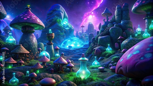 Enchanting landscape with mushrooms, stones, poison bottles, and snails glowing under generative AI
