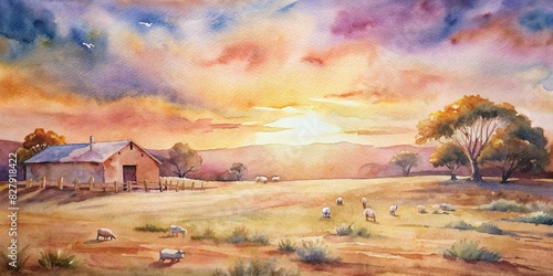 Sunset over a sheep farm in outback Victoria Australia, watercolor painting