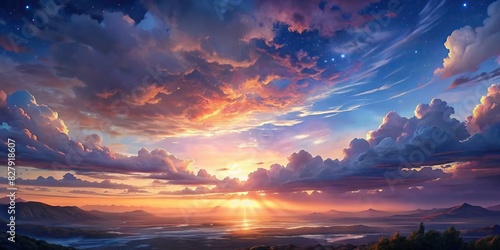 Panoramic view of a majestic real sunrise or sundown sky background with gentle colorful clouds, glowing beautifully