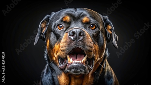 Aggressive Rottweiler dog with hate-filled eyes barking on a black background