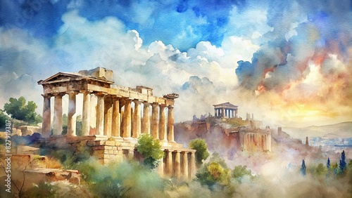 Ancient Greek city ruins captured in generative watercolor style