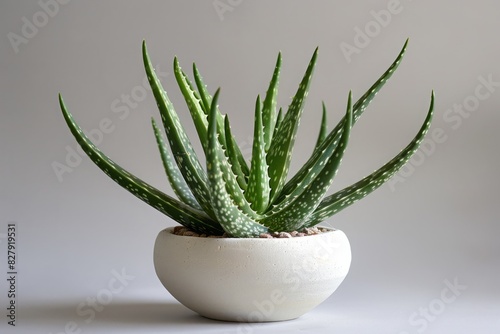 Aloe vera plant in a white ceramic pot. Studio shot on a grey background. Botanical and home decor concept for interior design and print. Ayurveda, ayurvedic herbs, Generative AI