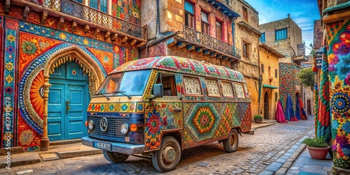 Surreal, psychedelic hippie camper van in an oriental old town medina