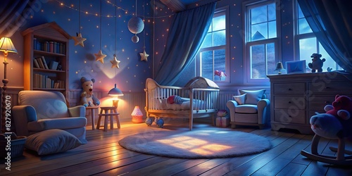 Image of a cozy nursery with toys and a crib, bathed in soft warm light