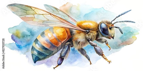Beautiful watercolor of a stunning bee flying isolated on a background, captured in incredible detail, perfect for showcasing the importance of pollinators