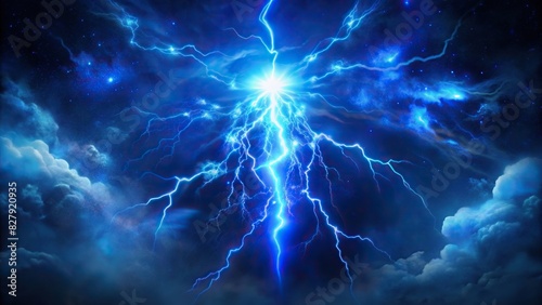 Blue lightning bolt strike on an isolated background, representing Zeus, God, Jupiter, Thor, mythology concepts with a shock and energy glow, fractal light burst flair, and fantasy glowing elements