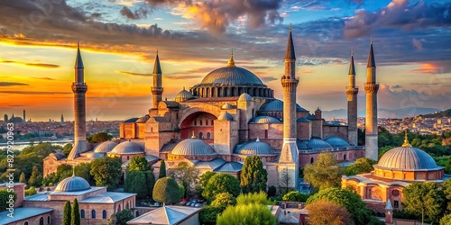 A realistic stock photo of the Ayasofya Museum (Hagia Sophia) in Istanbul, Turkey showcasing its stunning architecture and history