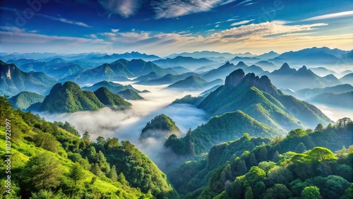 Panoramic landscape of misty blue and green mountains under clear sky