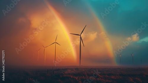 Wind turbines positioned beneath a rainbow following a thunderstorm