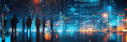 A group of business people standing in front of an abstract digital cityscape, with glowing data streams and financial charts floating around them i the style of dark skyblue and light black.