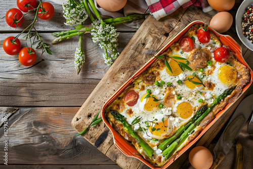  Bread casserole with green asparagus, goat cheese, tomatoes and eggs on wooden table