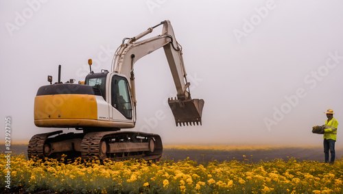 Excavator working on floral field. Ecology concept.