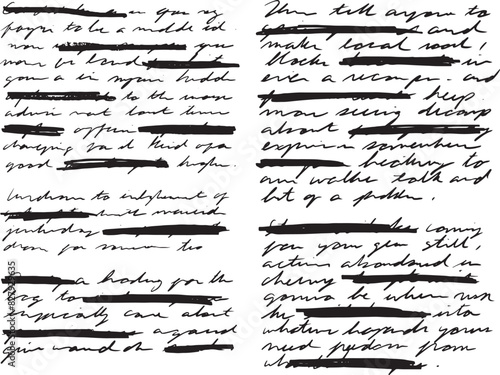 Vintage Written Document, longhand cursive handwriting, messy with crossed out parts. Completely gibberish, illegible, unreadable text, vector.