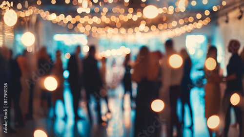 Blurred view of a bustling office party with business people networking, elegant decor and soft lighting setting the scene