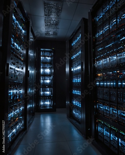 Camera panning through a data center revealing server racks with blinking lights, close up.
