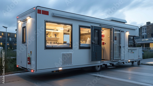 Visualize a mobile health clinic designed for rural areas with all necessary medical facilities in a compact space