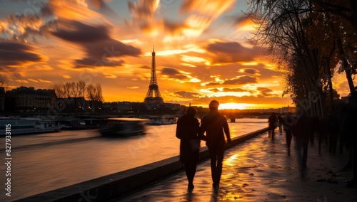 Lovers Walking Along Seine River at Sunset, Eiffel Tower in Background, Paris Romance