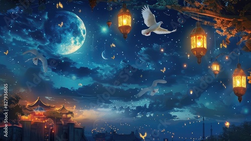 Eid mubarak greeting cards: celebrating eid-ul-adha and ramadan kareem with moonlit skies, lanterns, and doves - islamic festival culture and religion stock image