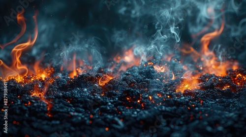 A vivid close up shot capturing the intense flames and billowing smoke against a dark black backdrop.