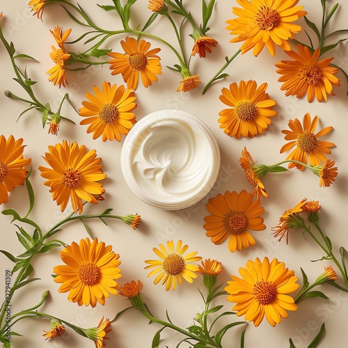 Close-up image of a white cream cosmetic product with orange calendula flowers.