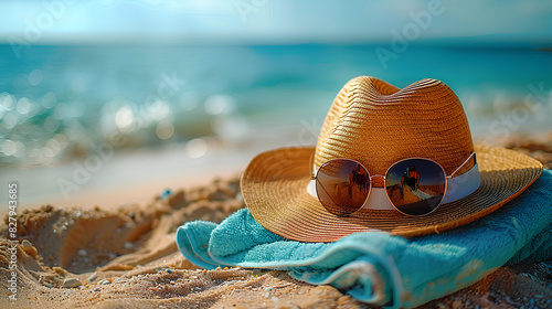 Female sunglasses straw hat and beach towel arranged on beach sand 