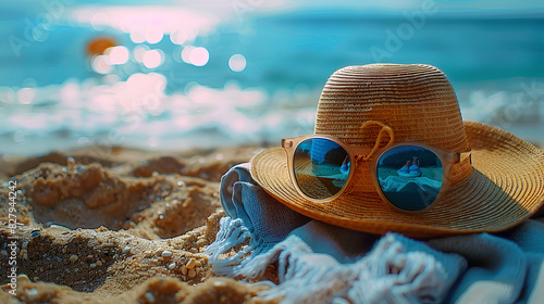 Female sunglasses straw hat and beach towel arranged on beach sand 