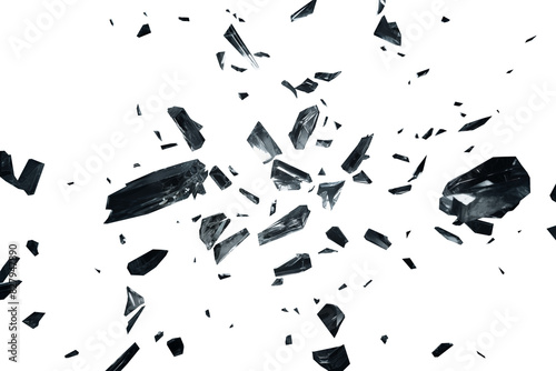 glass shards explosion. Isolated transparent PNG background. Burst of shattered debris bursting in the air creating a abstract pattern of glass. Sharp bits and peaces of crystal shards in the wind.