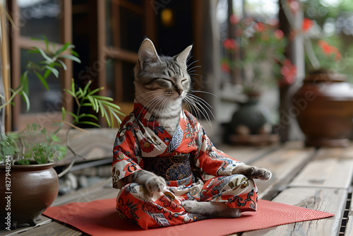 cat in oriental clothes meditates