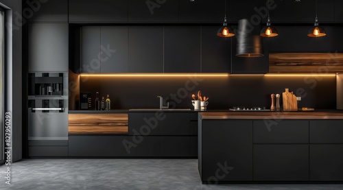 Dark kitchen interior adorned with a tasteful black and walnut combination, where the depth of black tones complements the richness of walnut