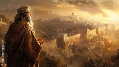 Portrait of a biblical Nehemiah overseeing the construction of the city walls in Jerusalem. Old testament concept.