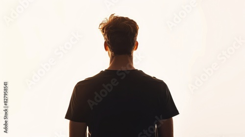 Silhouette of man in a black t-shirt on a white background, illuminated from behind, silhouette of a young attractive male model looking away from the camera