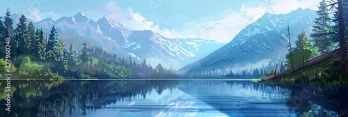 A painting featuring a serene mountain lake nestled among lush trees in a breathtaking natural setting. Generative AI