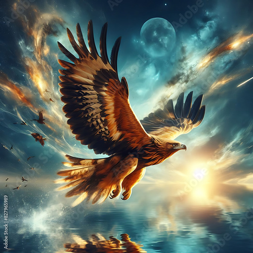 It flies in the air at height. Golden eagle flying around sunset. eagle in flight. eagle in the sky. eagle. golden eagle. eagle flying. Aquila chrysaetos. bald eagle. Accipitridae. Philippine eagle, 