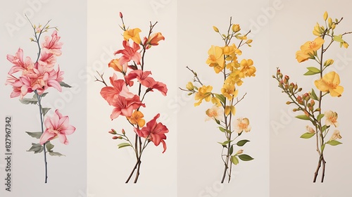 A series of illustrations showing seasonal changes in a single flower species.