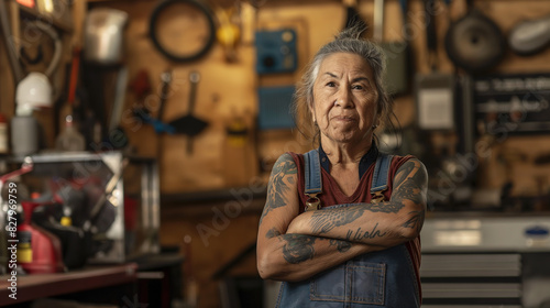 older Native American woman with gray hair and tattoos wearing overalls standing in her garage full of tools, arms crossed looking at the camera with confidence and strength