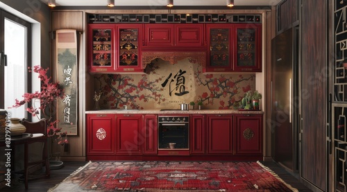 Ethnic kitchen interior with Chinese red lacquered cabinets