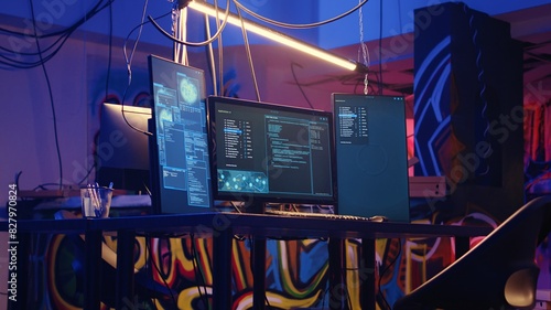 Jib down shot of abandoned basement with graffiti drawings on walls and high tech computer equipment left open running code. Underground hideout used as base of operations by hackers